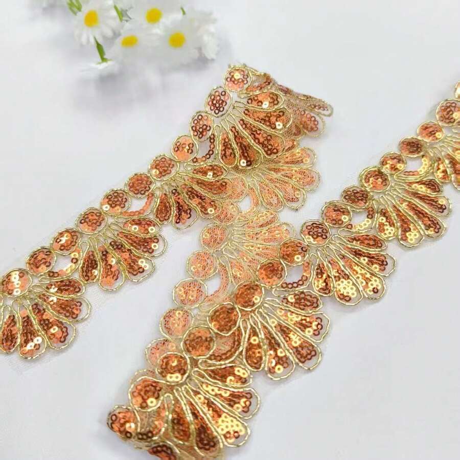 新款橘金色扇形亮片網紗刺繡蕾絲飾邊，洋裝裙襬飾邊配件 - 橙金色 - 查看 1