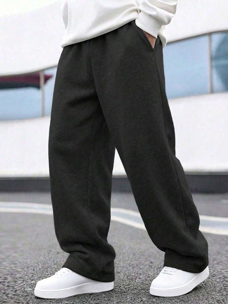 1pc Boys' Loose Fit Thermal Lined Thickened Warm Straight Leg Sweatpants Spring Autumn Winter - Black - View 1