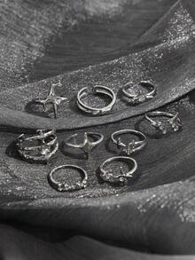 Set de 9 anillos Y2K con mango, estrella y strass, estilo dulce y cool, minimalista, plateado, apilables, para combinar con el outfit diario y el trayecto al trabajo - Plateado - Ver 2