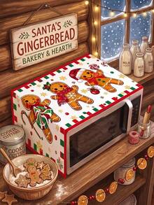 1Pc Christmas Microwave Dust Cover With Cute Gingerbread Man&Candy Pattern, Xmas Red Border Polyester Microwave/Oven/Stovetop Cover, Microwave Appliance Cover, Kitchen Dust-Proof Protector, Merry Christmas Holiday Decor, Christmas Decoration, Kitchen Decor, Holiday Table Decor, Home Decor - Christmas C - View 6