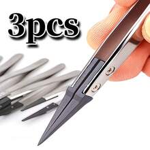 3pcs Interchangeable Head Anti-Static Tweezers Set, Stainless Steel Precision Pointed ESD Tweezers, Stainless Steel Tweezers Body, Carbon Fiber Conductive Plastic Tweezers, Electronic Repair Hand Tool DIY Gripping Tool Set - Tweezers - View 2