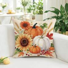 1pc Autumn Watercolor Pumpkin Sunflower Maple Leaf Pattern Cushion Cover, Single-Sided Printed Skin-Friendly Peach Skin Velvet Material, 45*45CM Pillowcase Suitable For Home Indoor Room Living Room Decoration Party Decoration, Holiday Decoration Cushion Cover Gift, No Pillow Insert - Multicolor - View 6