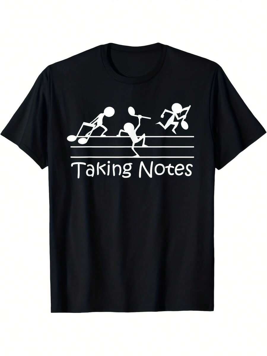Unisex-Kurzarm-T-Shirt, Herren-T-Shirt mit Violinschlüssel und Musiknoten im Vintage-Stil, Rundhals-Musiker-Freizeit-T-Shirt - Schwarz - Übersicht 1