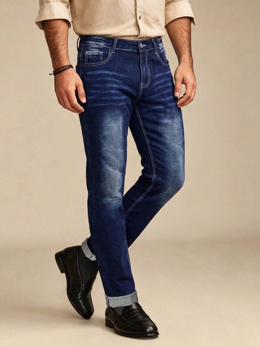 Men Royal Blue Stretch Slim Tapered Jeans Crinkle Washed Skinny Denim Pants - Blue - View 1