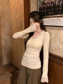 Women's Knitted V-Neck Long Sleeve Lace Base Layer Top, Korean Style, Early Spring Outfit - Apricot - View 6