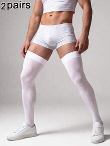 2 Pairs Men's Fashion Business Lightweight Long Socks, High Elasticity Fitted Mature Elegant Over-The-Knee Socks, Suitable For Business Party Outfits - White - View 8