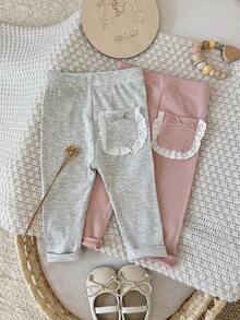 2 Pcs/Set Legging Rajut Anak Perempuan, Celana Panjang Elastis Slim Fit dengan Hiasan Renda dan Saku, Pita, dan Detail Pita - MultiWarna - View 16