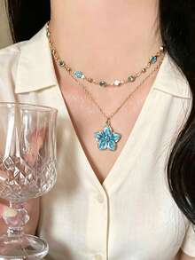 2pcs/Set Kalung Liontin Bunga Rhinestone Bertingkat, Set Kalung Remaja Modis - Gaya 2 - View 3