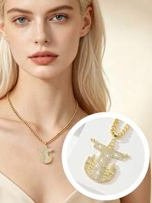 1PC Women's Christ Savior Statue Pendant Necklace, 14K Gold Plated Copper Material Inlaid With Zirconia, City Architecture Relief 3D Jesus Figure Design Paired With Cuban Chain, Suitable For American Street Hip-Hop Style/Birthday/Valentine's Day/Christmas/Easter/New Year Faith Gift Accessory For Men And Women - Yellow Gold - View 4