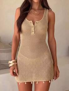 Women's Knit Mini Dress With Sleeveless Round Neck Design Casual Vacation Style, Suitable For Summer Daily Commute And Holiday Travel - Khaki - View 10