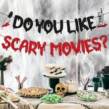 1/2 piezas Guirnalda de gotas de sangre con purpurina, Decoración de Halloween, Guirnalda de letras "¿TE GUSTAN LAS PELÍCULAS DE TERROR?" con recortes de cuchillo y teléfono, Decoración colgante con tema de película de terror, Decoración de dormitorio, Decoración de pared para fiesta de asesinos de Halloween - Multicolor - Ver 5