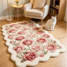1 pieza Alfombra de borde ondulado con rosa rosa, estilo niña, alfombra de piso, decoración del hogar, alfombra de área, alfombra para exteriores, decoración del hogar, alfombra de área, alfombra para dormitorio, alfombra lavable - Multicolor - Ver 2