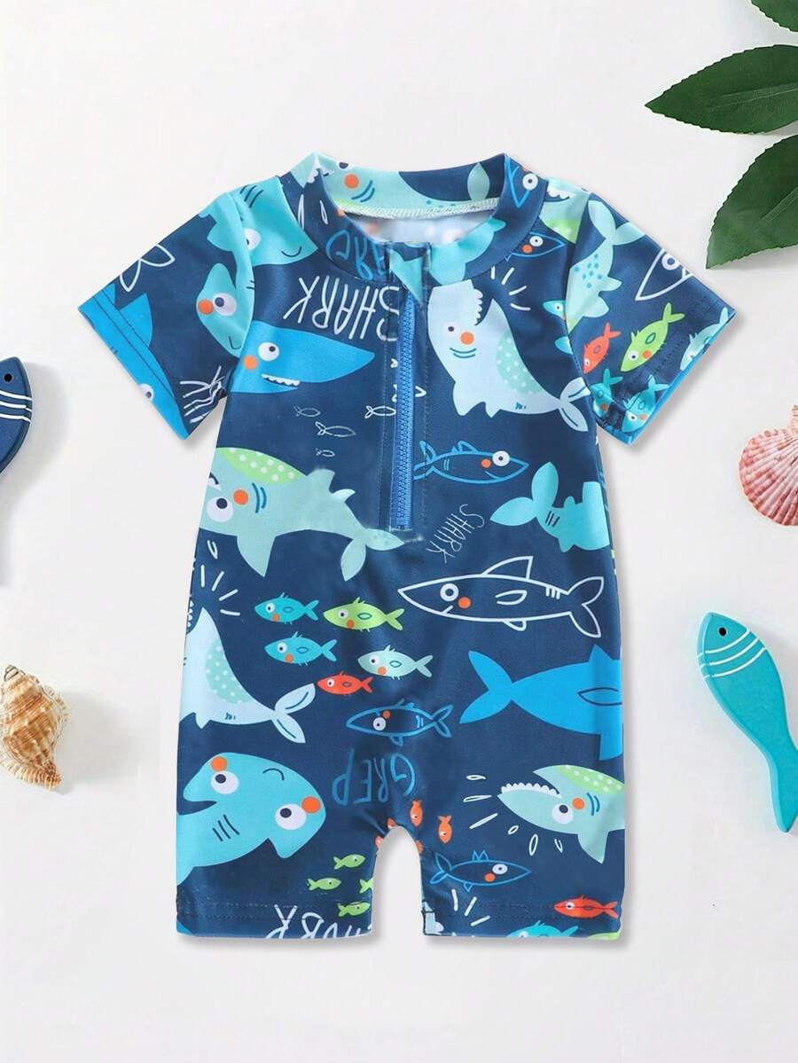 Đồ bơi liền thân in họa tiết động vật cho trẻ sơ sinh và trẻ mới biết đi, đồ bơi nhanh khô cho bé trai, đồ lặn mùa hè, chống nắng - Màu xanh lam - Xem 1