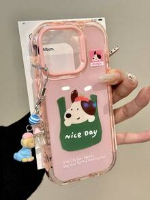 Cloth Bag Puppy Print Phone Case, Wavy Edge Transparent Shockproof Shell, Compatible With IPhone 15/14/13 All Models (Lanyard Not Included) - Pink - View 1