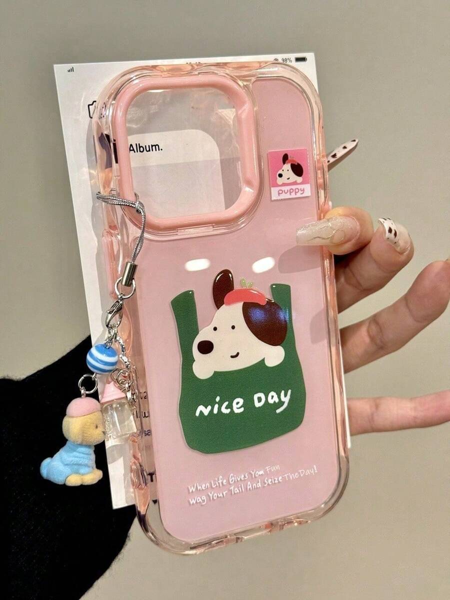 Cloth Bag Puppy Print Phone Case, Wavy Edge Transparent Shockproof Shell, Compatible With IPhone 15/14/13 All Models (Lanyard Not Included) - Pink - View 1