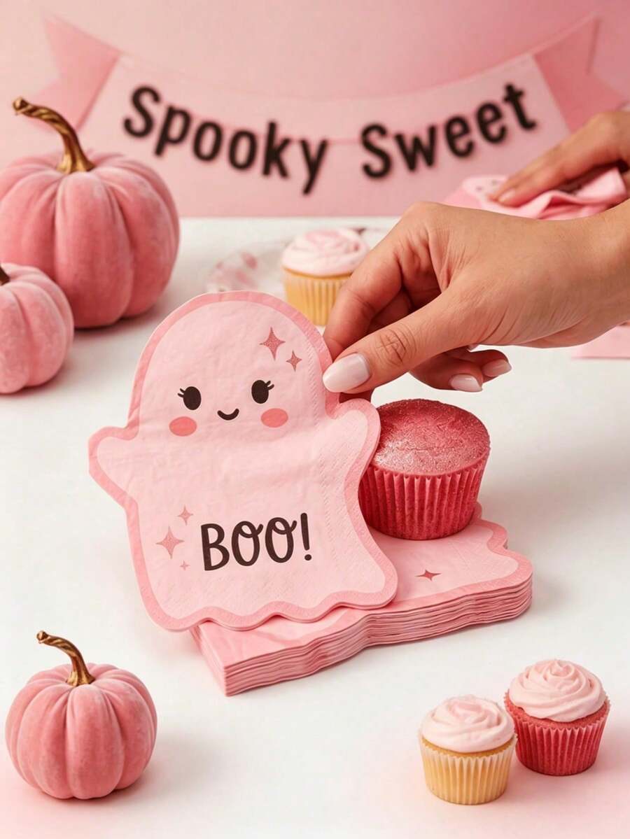 1/16 Pack Pink Ghost Napkins, Halloween Ghost Shaped Disposable Paper Napkins, Cute Halloween Theme Party Decoration Cocktail Napkins - Multicolor - View 1