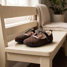 1 Pair 2026 New Children's Polka Dot Flat Shoes, Cherry Hook And Loop Mary Jane Style, Vintage Cute Design, Suitable For Children's Daily Walking And Outfit - Brown - View 7