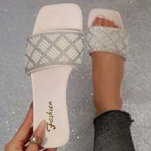 Sandal Datar Wanita Modis Sol Anti Selip Berhiaskan Rhinestone Nyaman dengan Bagian Bawah Lembut Sandal Selop Serbaguna untuk Anak Perempuan Terlaris - Krem - View 1