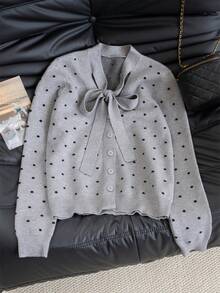 Elegant Niche Bowknot Grey Polka Dot Knit Cardigan Sweater For Women, Can Be Worn Alone Fall - Grey - View 10