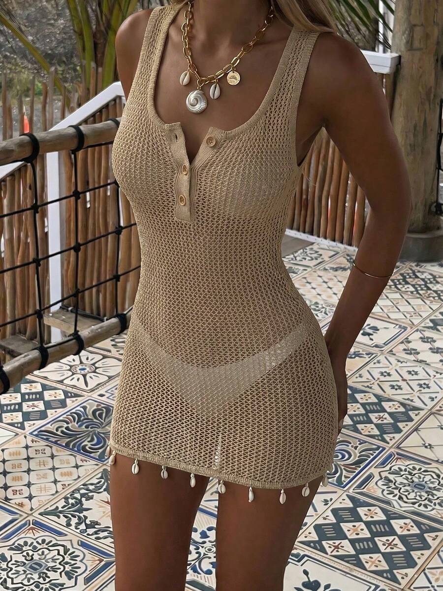 Women's Knit Mini Dress With Sleeveless Round Neck Design Casual Vacation Style, Suitable For Summer Daily Commute And Holiday Travel - Khaki - View 1