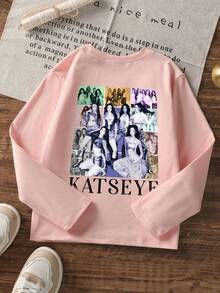 Girls Vintage Band Photo Back Print Long Sleeve Tee, Music Fan Graphic Casual Fall Top - Pink - View 3