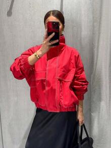 女款純紅色落肩棒球夾克，休閒寬鬆街頭風上衣，適合春秋穿著 - 紅色 - 查看 3