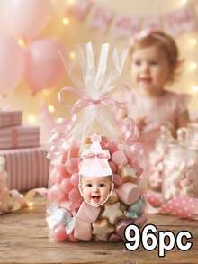 Custom Face Birthday Sticker,Personalized Baby Girl Portrait Pink Bow Party Hat,Baby Shower Decor Supply,1st Birthday Party Favor,Gender Reveal Gift - Multicolor - View 7
