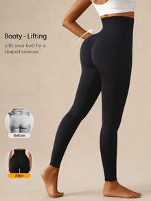 1pc Women's Seamless High-Waisted Elastic Lifting And Shaping Casual Black Leggings Athletic Leggings For Gym Workouts And Everyday Wear. - Black - View 1