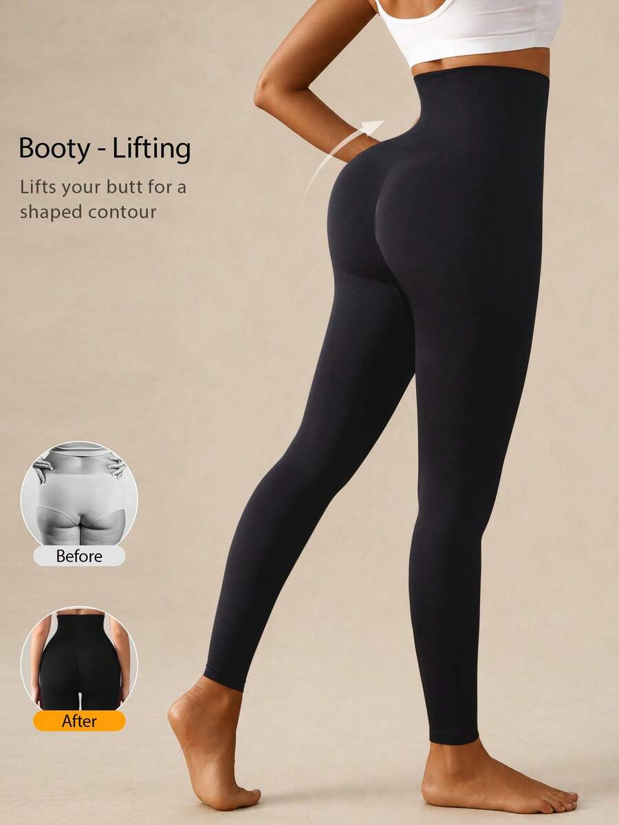 1pc Women's Seamless High-Waisted Elastic Lifting And Shaping Casual Black Leggings Athletic Leggings For Gym Workouts And Everyday Wear. - Black - View 1