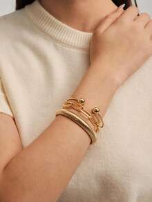 Vandermere 3PCS Golden Bangles For Women Chunky Stretch Multi Layer Stacked Metal Chain Bangles Bracelets Flexible Wide Wristband Cuff Bracelets Set - Yellow Gold - View 5