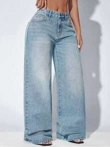 Low Waist Loose Casual Blue Diagonal Pocket Curved Hem Women's Denim Shorts Fall - Dusty Blue - View 6