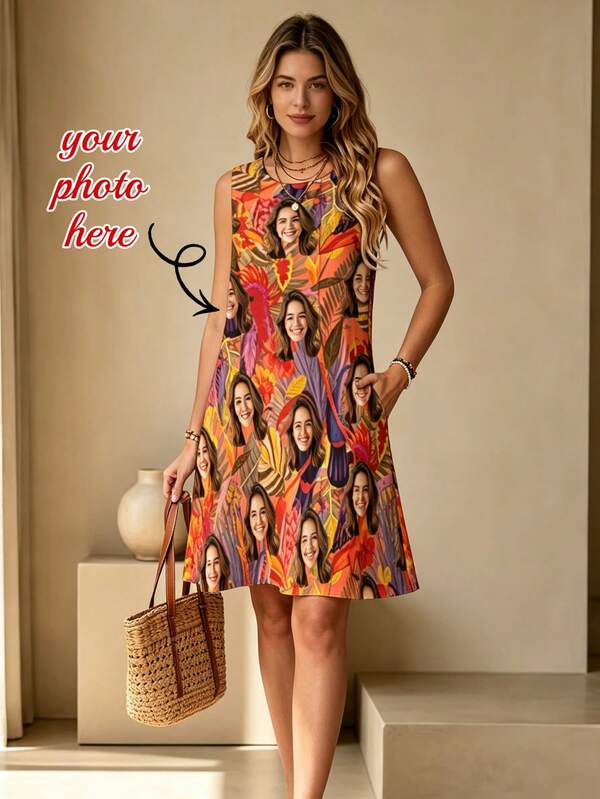 Customizable Plus Size Sleeveless Dress For Women, Personalized Face Print Design, Perfect For Parties, Beach Vacations, And Casual Home Wear