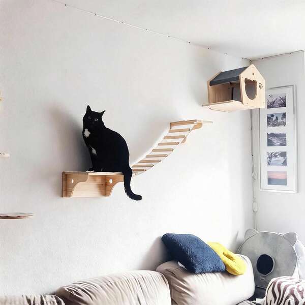 1pc Wall-Mounted Cat Shelf, Wooden Cat Wall Furniture, Cat House Cat Villa, Wall-Mounted Cat Climbing Tree For Playing, Climbing And Resting, Easy To Assemble, Max Load 12kg (26lb)