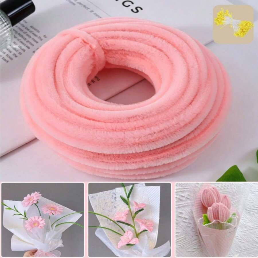 彩色管狀毛絨線 13米/捲，附150個黃色花蕊，DIY創意手工藝材料，適用節慶裝飾與藝術手工項目