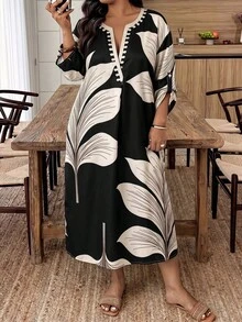 CHARIS Plus Size Bohemian Tropical Leaf Print V-Neck Dress, Rolled Sleeve Loose Casual Midi Dress, Vacation Beach Daily Wear Elegant - Multicolor - View 3