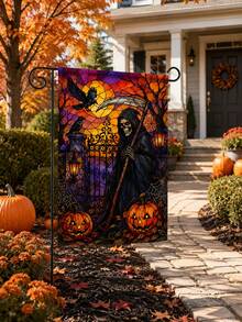 1 pieza Bandera de jardín de lino de Halloween, con estampado de vidriera de la parca, calabaza, cuervo, luna llena, puerta del cementerio y telaraña, con funda para poste, decoración gótica para exteriores para césped, porche, patio, camino, casa embrujada y decoración de fiesta de Halloween - Multicolor - Ver 6