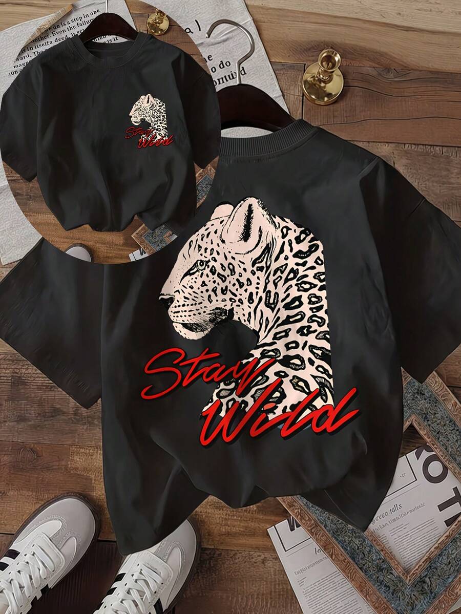 Damski T-shirt z dwustronnym wzorem – nadruk w panterkę 