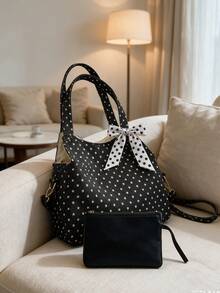 Vintage Star Print Tote Bag Set With Polka Dot Bow, Large Capacity Women Shoulder Handbag With Matching Small Pouch, Multi-Purpose Bag For School Work - Multicolor - View 4