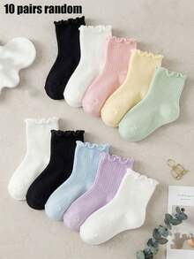 10 Pairs Random Candy Color Ruffle Cuff Ribbed Mid Calf Socks, Daily Sports Socks, Fall Back To School Essential Socks, Pastel Halloween Casual Socks - Multicolor - View 5