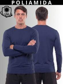 Camisa Térmica Poliamida Masculina Proteção Solar Uv50+ Segunda Pele Anti Odor Manga Longa Inverno Frio e Calor Treino Corrida - Azul Marinho - Visão 5