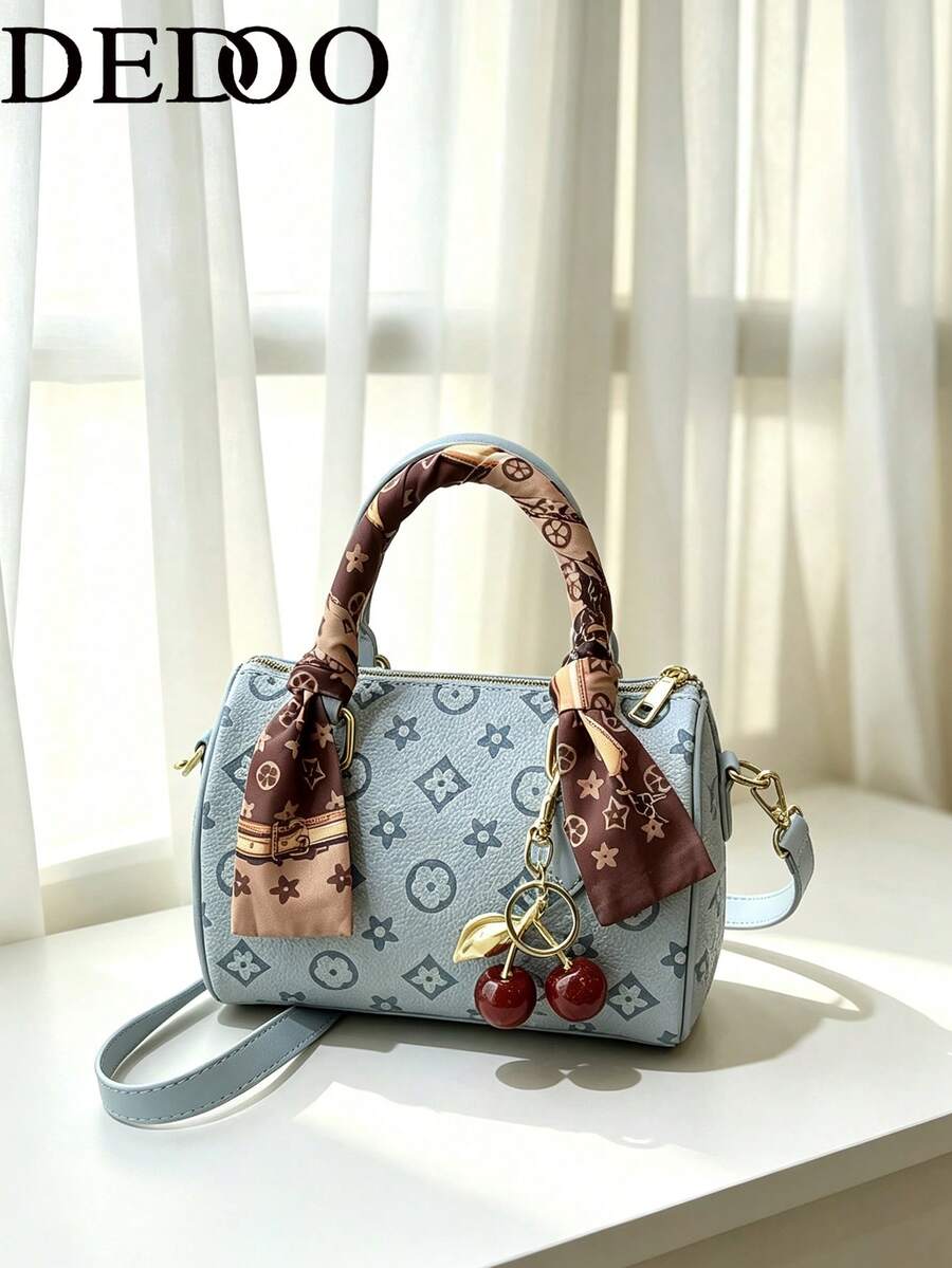 Dedoo Vintage Printed Mini Barrel Handbag With Scarf Decoration, Detachable Shoulder Strap, Women's Multi-Functional Shoulder Crossbody Bag (Scarf/Cherry Style, Random Color)