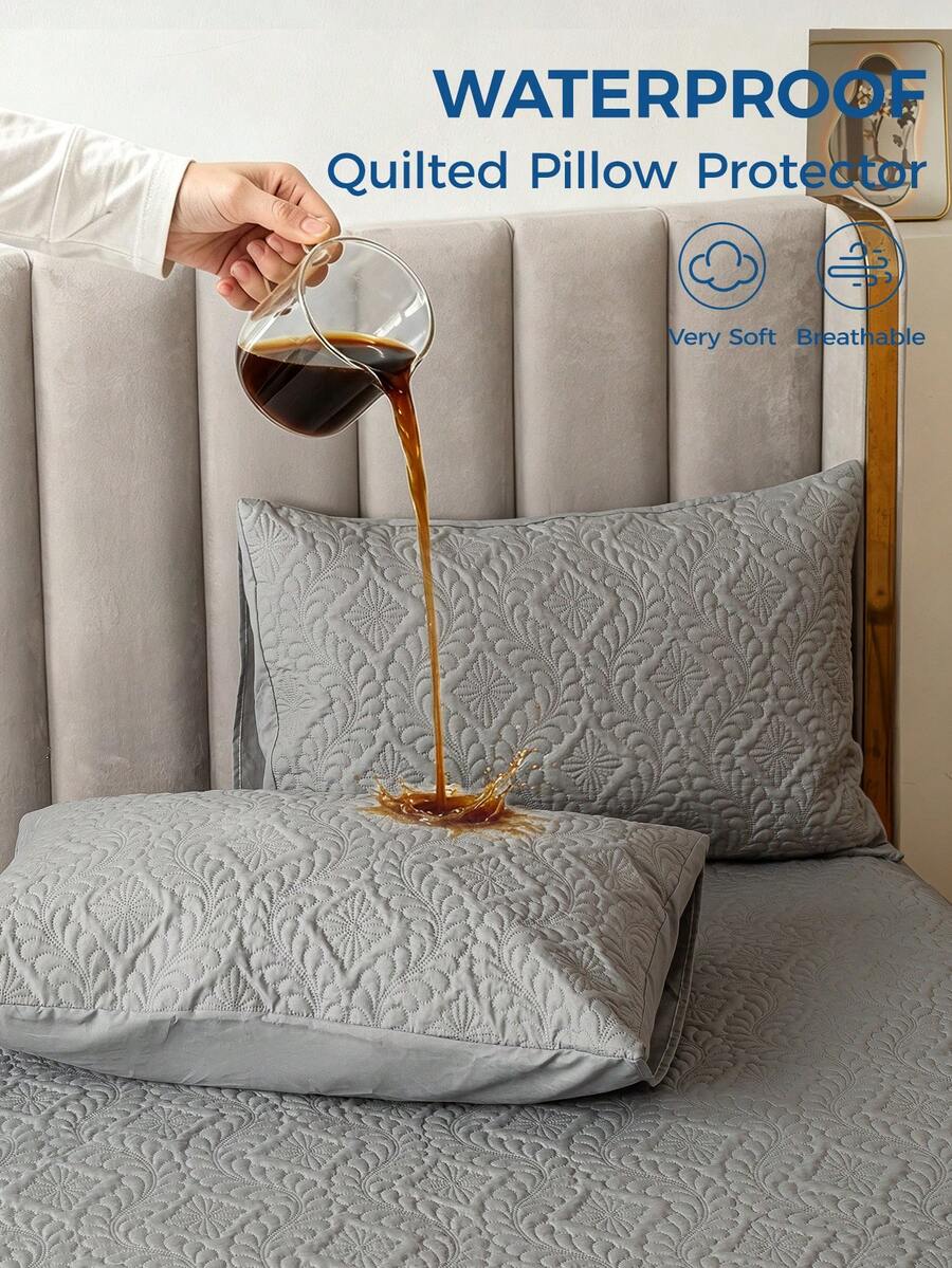 1/2/4pcs Waterproof Quilted Floral Embossed Pillowcase Protector, Soft Polyester Pillowcase With TPU Backing, Breathable Water-Repellent Pillowcase, Machine Washable Easy Care Bedroom Bedding, Standard/Queen/King Size - Grey - View 1