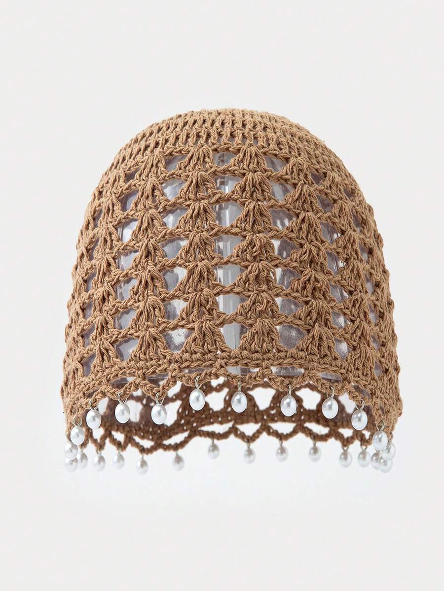 Bohemian Style Handmade Crochet Hollow Swirl Hat, Women's Pearl Decorated Soft Knitted Headscarf, Lightweight Breathable Knitted Cap, Suitable For Daily Wear And Chemotherapy - A - View 1