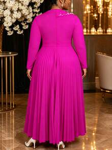 AOMEI Elegant Luxury Plus Size Women Fuchsia Church Fall/Winter Long Dress V-Neck Irregular Ruffle,Beaded Rhinestone Pleated Formal Evening Gown - Hot Pink - View 6