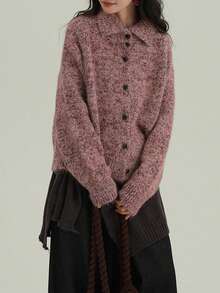 Jaket Kardigan Rajut Minimalis Kasual Musim Gugur Wanita dengan Desain Benang Bunga Baru - Purple - View 2