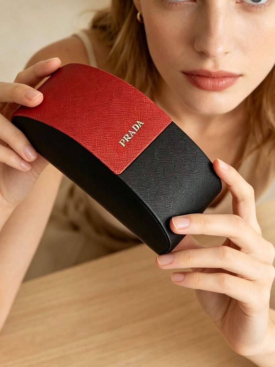 1pc Prada Dual-Color Cross-Grain Faux Leather Hard Glasses Case, Luxury Protective Fashion Eyewear Storage Designer Accessory Gift PRADA-GIFT-42 - Red and Black - View 1