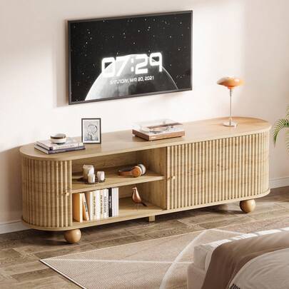 LITTLE TREE 178cm Walnut Farmhouse Fluted TV Stand Storage Sliding Door Media Console Fits Up To 65/70/75 Inch TV Living Bedroom