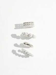 4PCS French Vintage Style Metal Faux Pearl Mixed Ear Clips, No Ear Piercing Required, Adjustable Multi-Layer Stackable Ear Cuff Clips, Versatile Daily Wear Personalized Ear Cartilage Clips - Silver - View 5