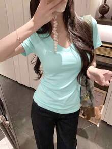 女款夏季修身V領短袖T恤，短版內搭基礎上衣休閒風 - 薄荷綠 - 查看 5