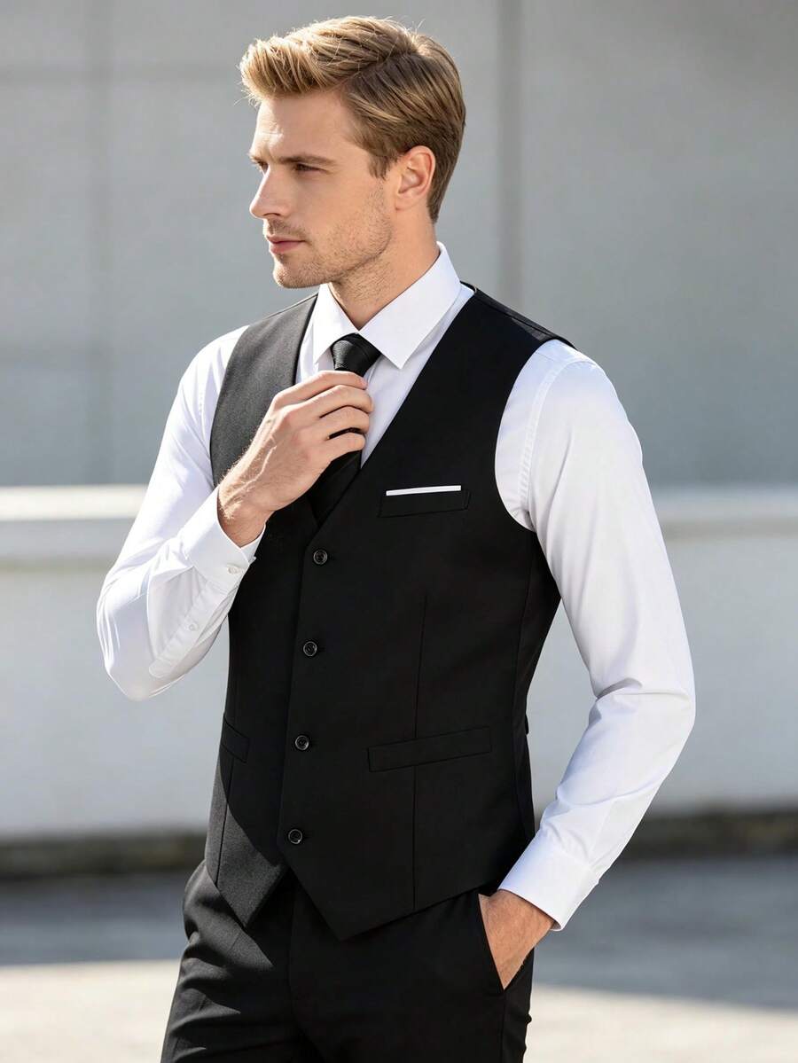 Men's 2-Piece Matching Suit Set, Solid Color Slim Fit Formal Vest And Black Striped Tie, Gentleman Formal Waistcoat, Suitable For Business, Wedding, Ball And Party - Black - View 1
